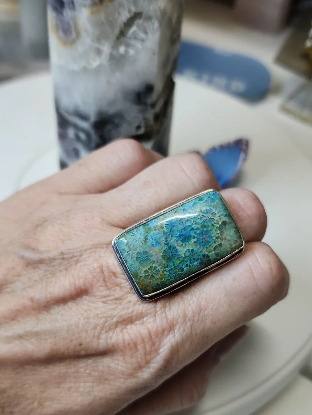Blue-Green Fossil Coral Rectangular Womens Ring